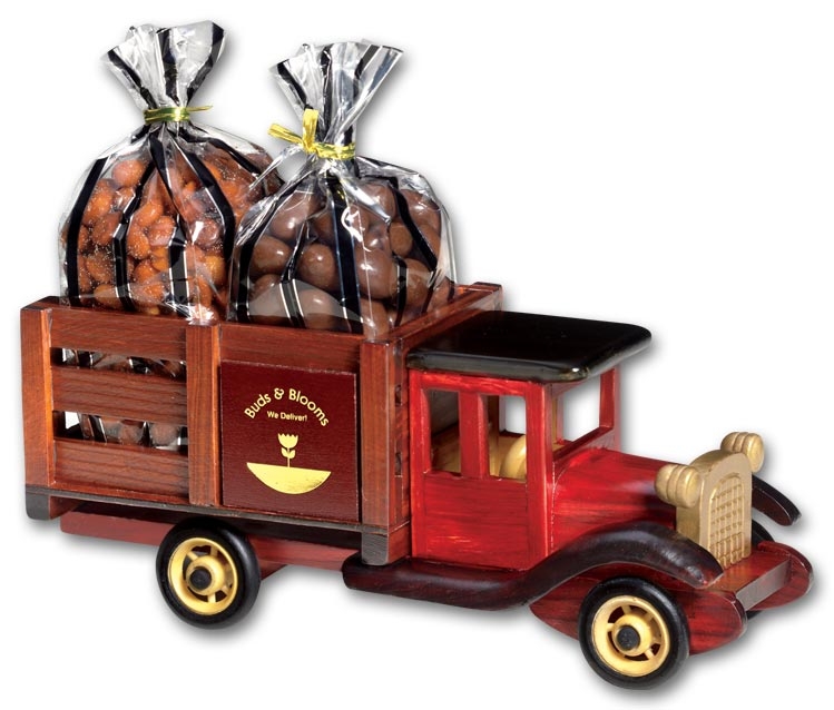 Custom corporate gift with a truck filled with chocolates and your company name on both sides.