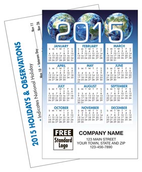 Custom 2015 wallet size calendar imprinted on front with up to 4 lines of text.