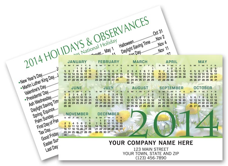2014 wallet calendar with a bright green and yellow floral design