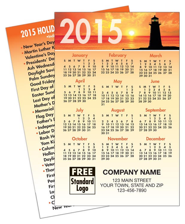 2015 Wallet size calendar featuring a lighthouse in sunset and custom printed with text and logo.