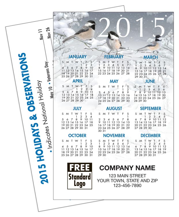 Show your customers your sense of style with this wallet calendar featuring a cool winter birds design. Your company imprint 