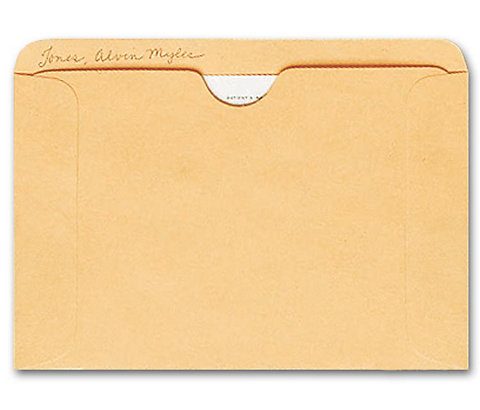 Buff colored kraft file pockets are sealed on 3 sides with a recessed front that reveals the patient name atop the file card.
