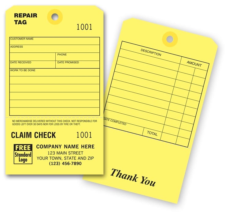 R2535 - Repair Tags with Claim Check - Personalized Repair Tags