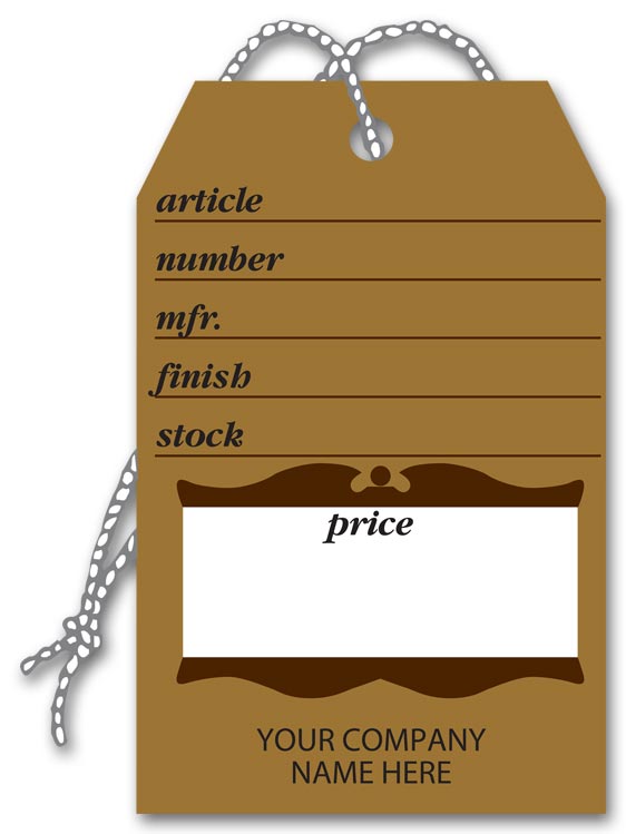Furniture price tags in brown and showing article number, stock, color and more.