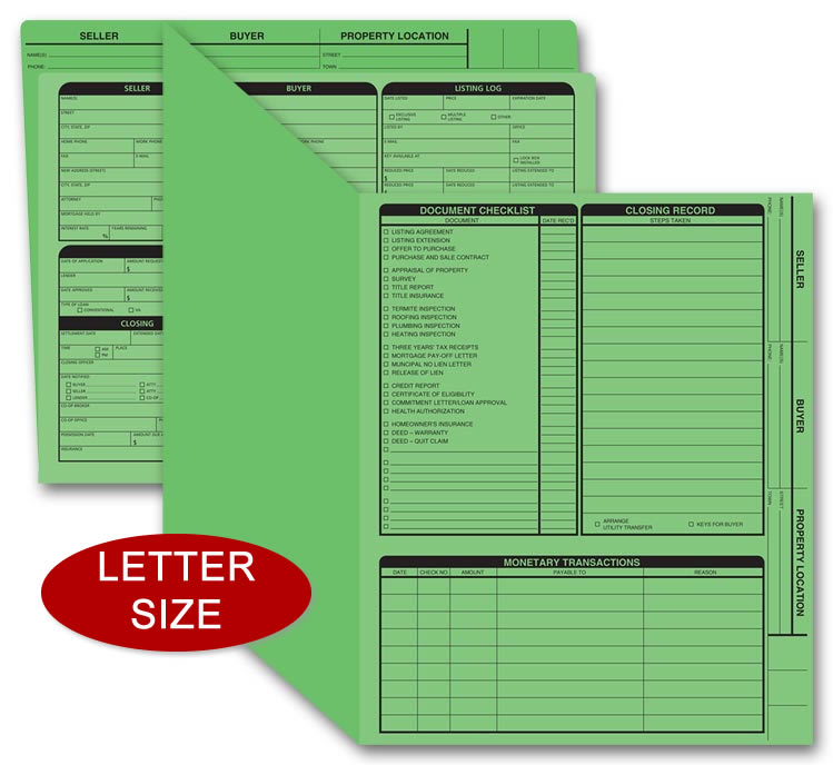These green real estate folders include the closing list on the right panel.