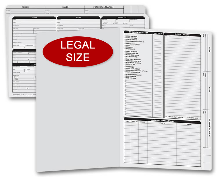 Legal size gray real estate listing folders with a closing list on the right panel.