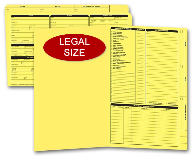 Legal size yellow real estate listing folders with a closing list on the right panel.