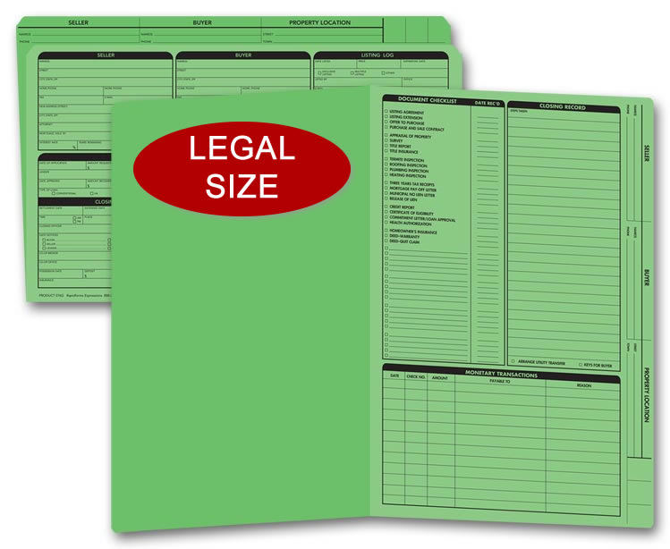 Legal size green real estate listing folders with a closing list on the right panel.