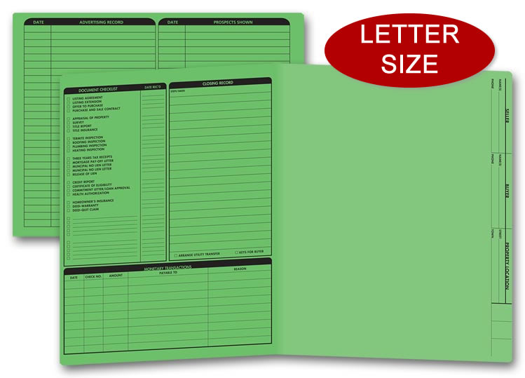 These green real estate folders come with a closing list on the left panel.