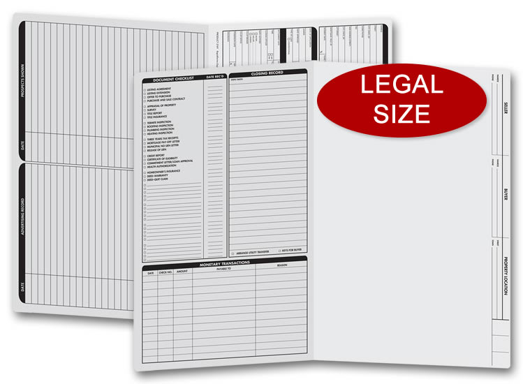 These gray real estate folders come with a closing list on the left panel and are printed on legal size stock.