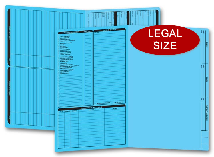 These blue real estate folders come with a closing list on the left panel and are printed on legal size stock.