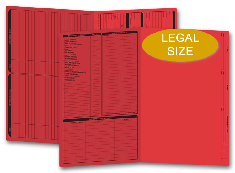 These red real estate folders come with a closing list on the left panel and are printed on legal size stock.