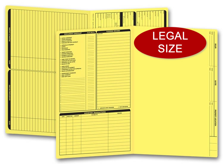 These yellow real estate folders come with a closing list on the left panel and are printed on legal size stock.