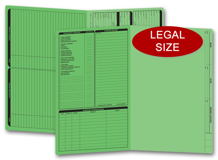 These green real estate folders come with a closing list on the left panel and are printed on legal size stock.