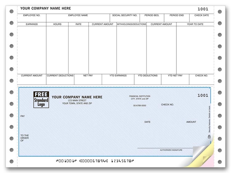 Tractor feed payroll checks are perfect for payroll. With a detachable top stub and columns and headers for easy organization