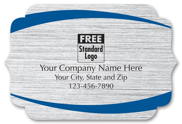 These weatherproof brackets shape labels are printed with your company name on brushed silver stock.