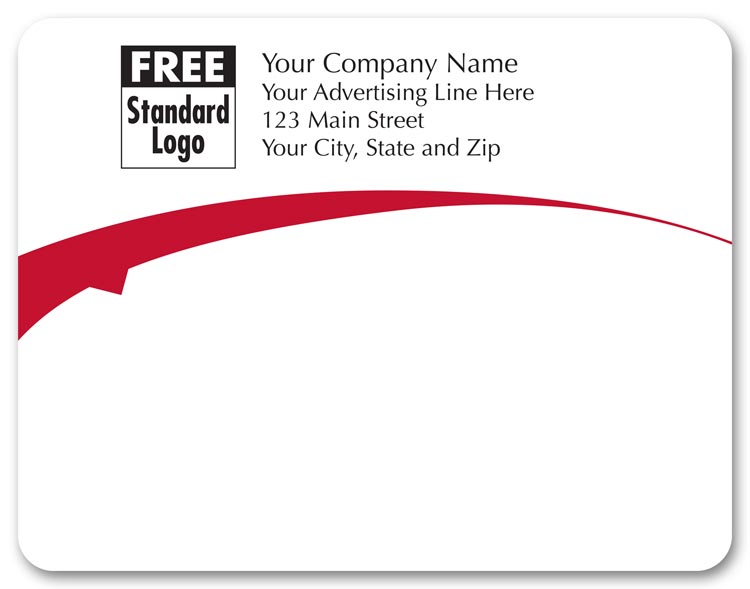 Custom printed white rectangular labels with a single red arc going across, under your company name.