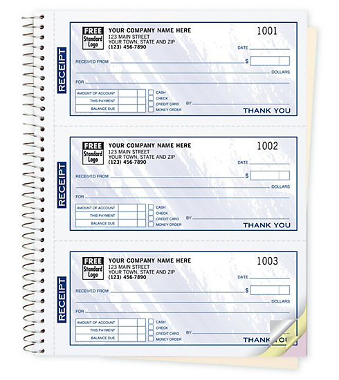 Spiral Bound Custom Printed Receipt Books with blue colored design.