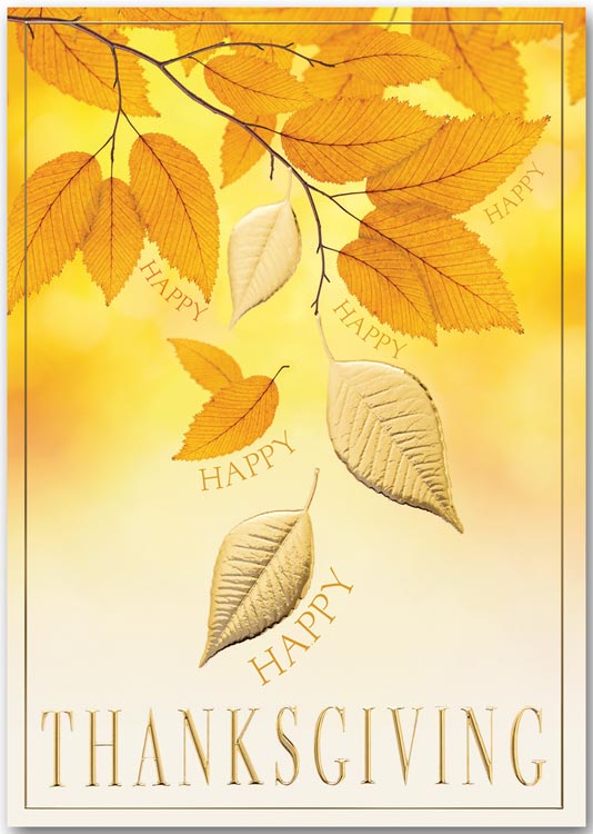 Thanksgiving card portraying fall leaves in gold tones. Vertical format.