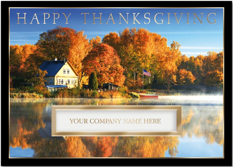 Happy Thanksgiving card with beautiful fall color trees on a lakeside decor.