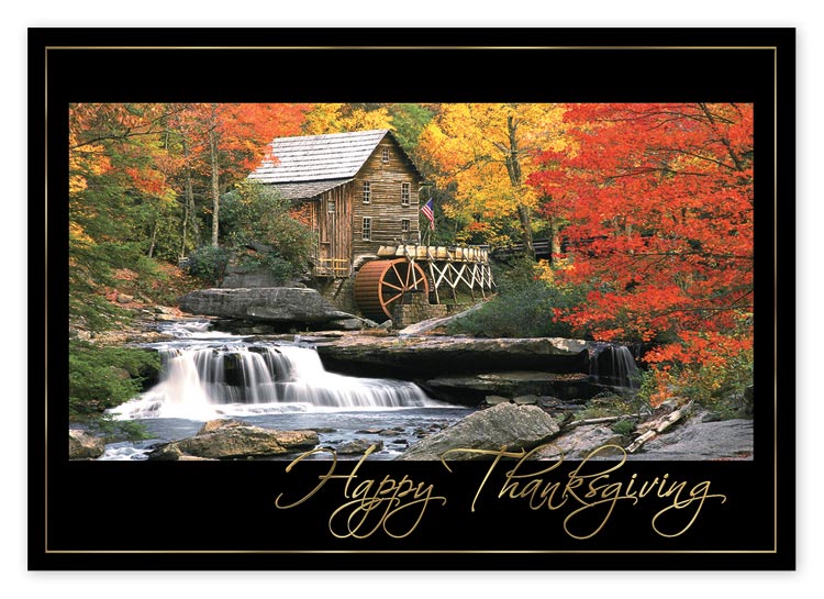 These Thanksgiving cards show a flowing river stream against an old-fashioned mill.