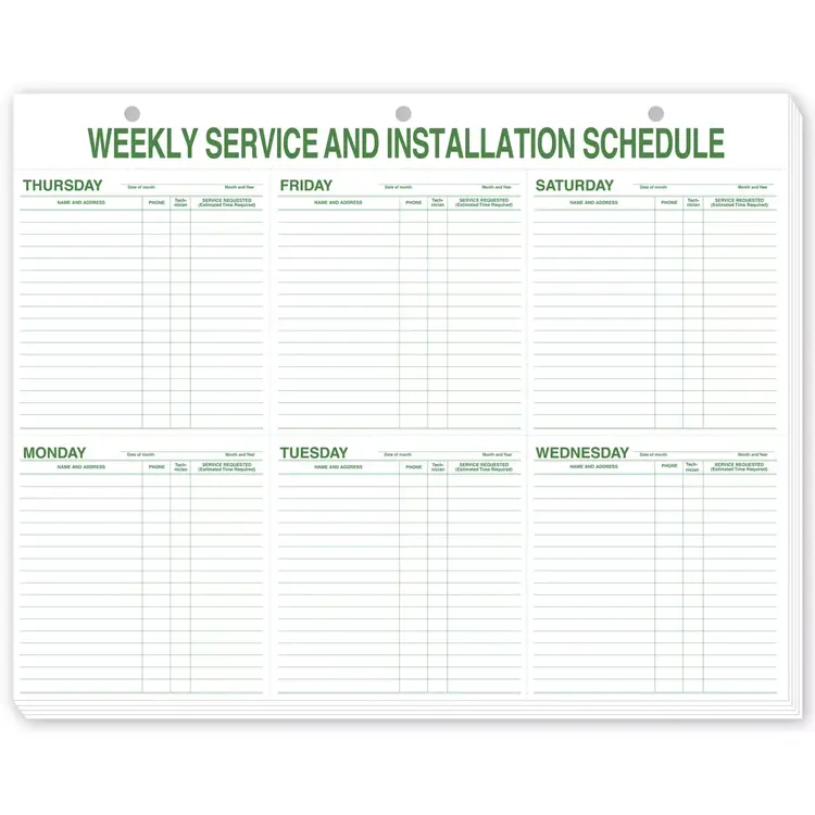 116, Weekly Service & Installation Schedule Pad, Hole Punched