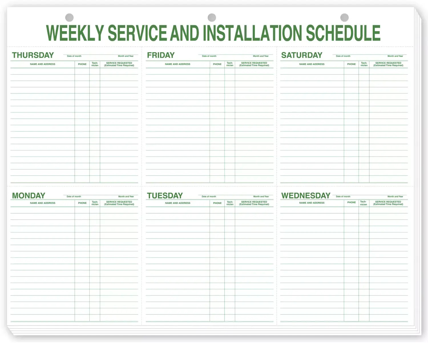 116, Weekly Service & Installation Schedule Pad, Hole Punched