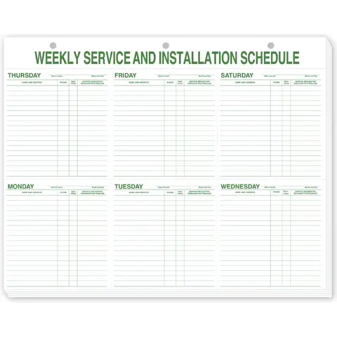 116, Weekly Service & Installation Schedule Pad, Hole Punched