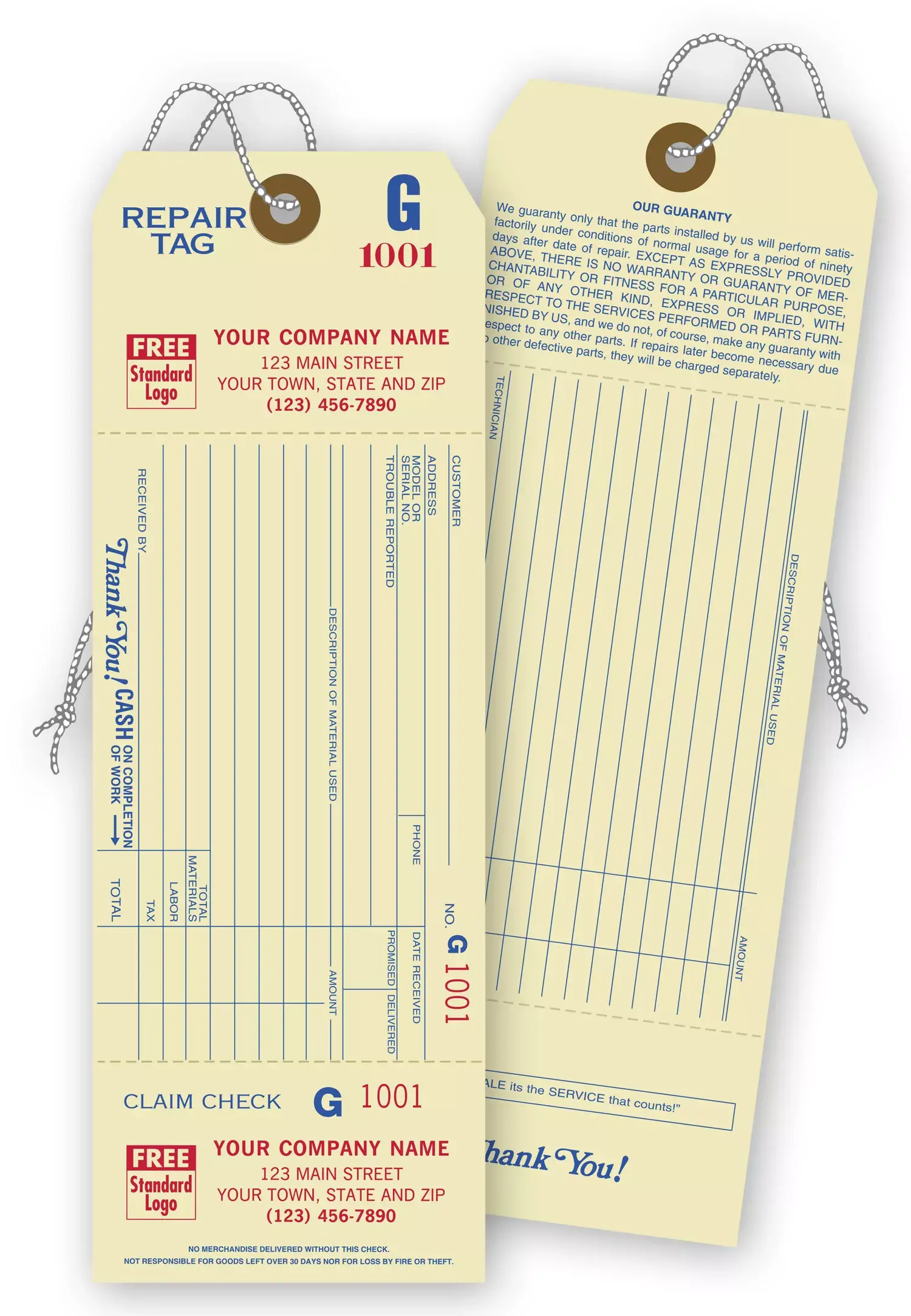 Repair Tags with Detachable Claim Check