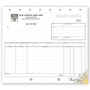 A 3-part triplicate compact carbonless order form showing white, canary, and pink copies with a business logo