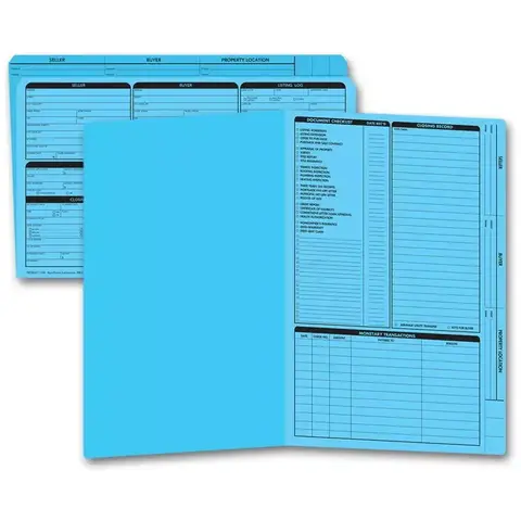 Blue legal size real estate listing folders