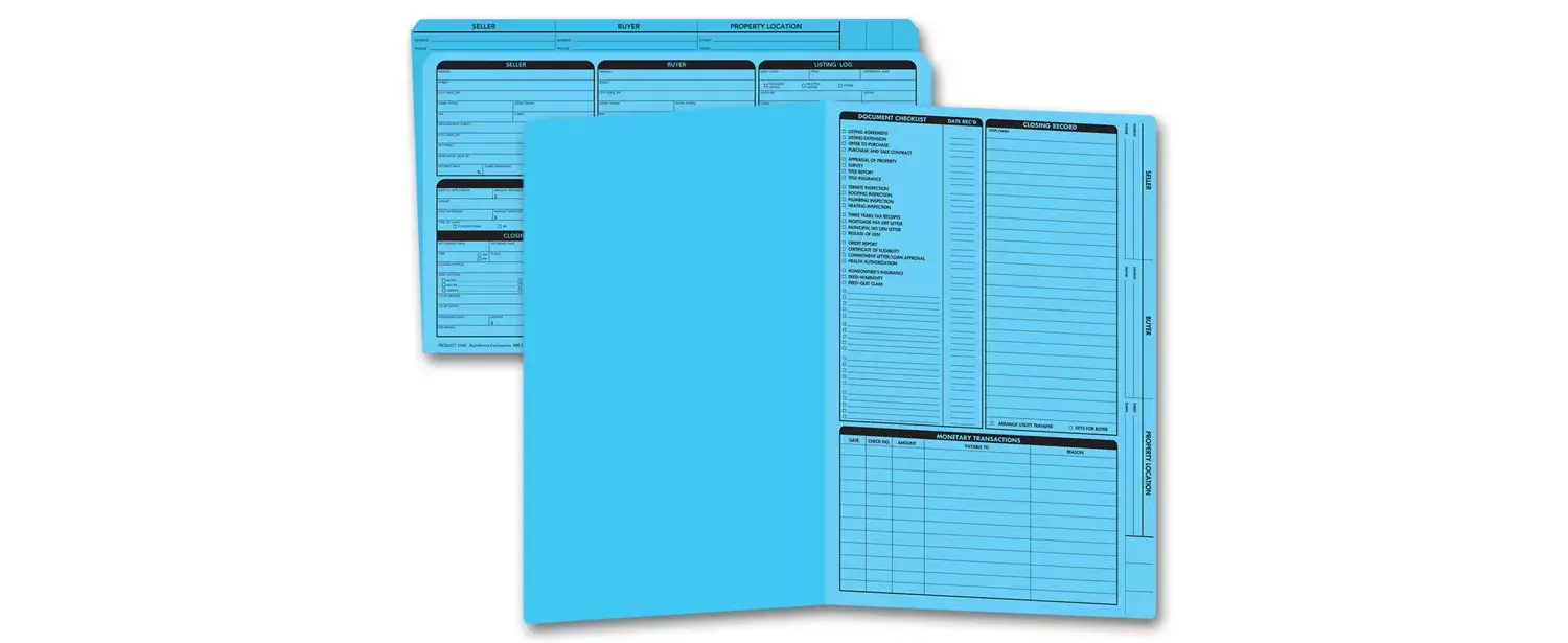 Blue legal size real estate listing folders