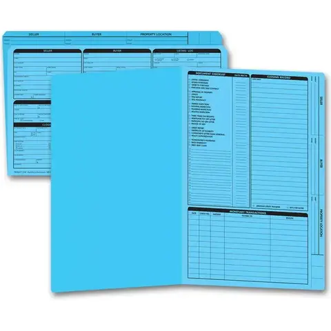 Blue legal size real estate listing folders