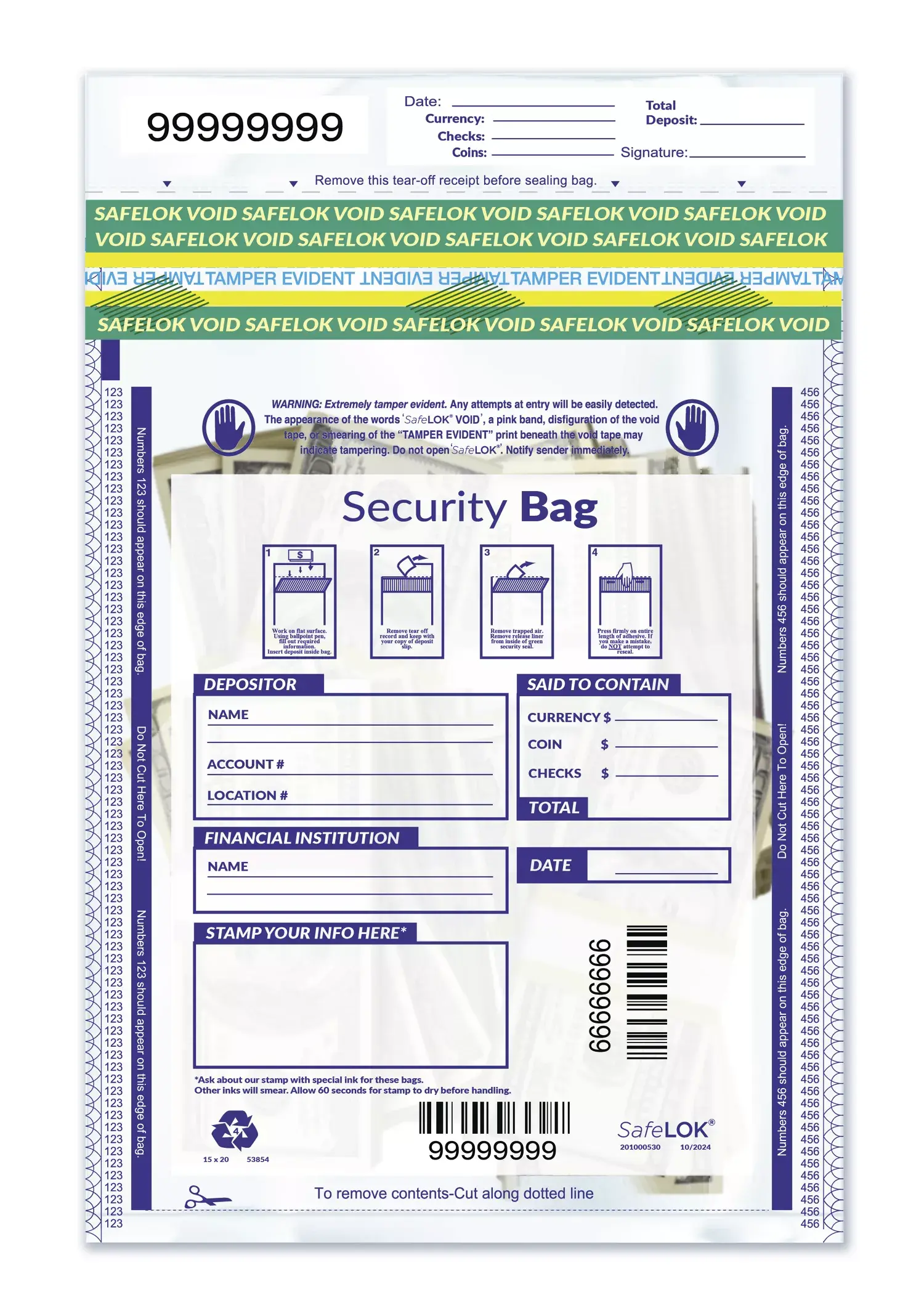 53854, 15" x 20" Single Pocket Deposit Bag, Clear