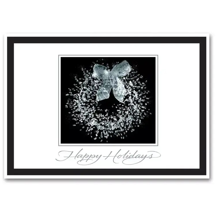 Black and White Distinguished Wreath Holiday Cards with Silver Foil Writing