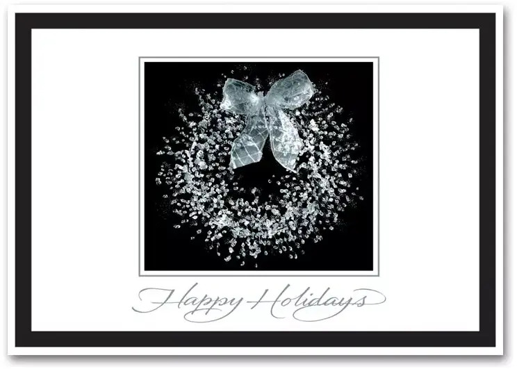 Black and White Distinguished Wreath Holiday Cards with Silver Foil Writing
