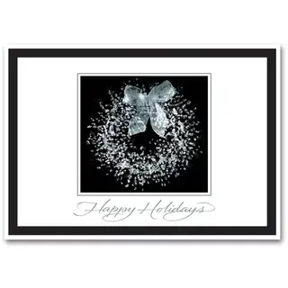 Black and White Distinguished Wreath Holiday Cards with Silver Foil Writing