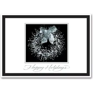Black and White Distinguished Wreath Holiday Cards with Silver Foil Writing