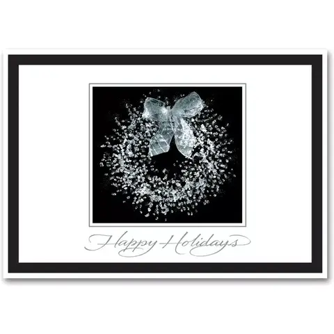 Black and White Distinguished Wreath Holiday Cards with Silver Foil Writing