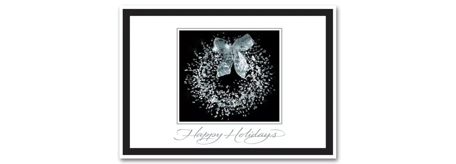 Black and White Distinguished Wreath Holiday Cards with Silver Foil Writing