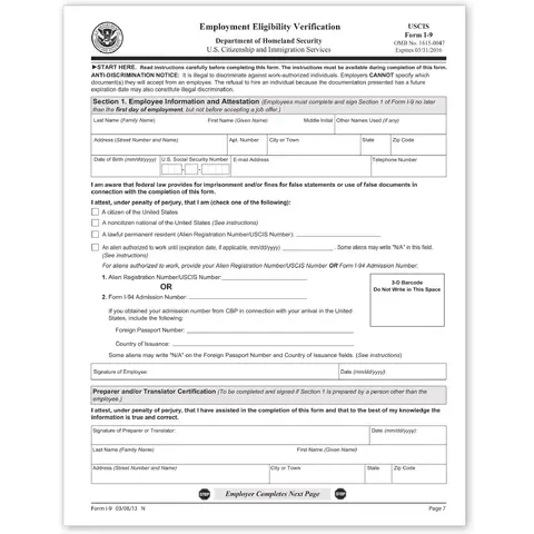 I-9 Tax Forms - Employment Eligibility Verifications
