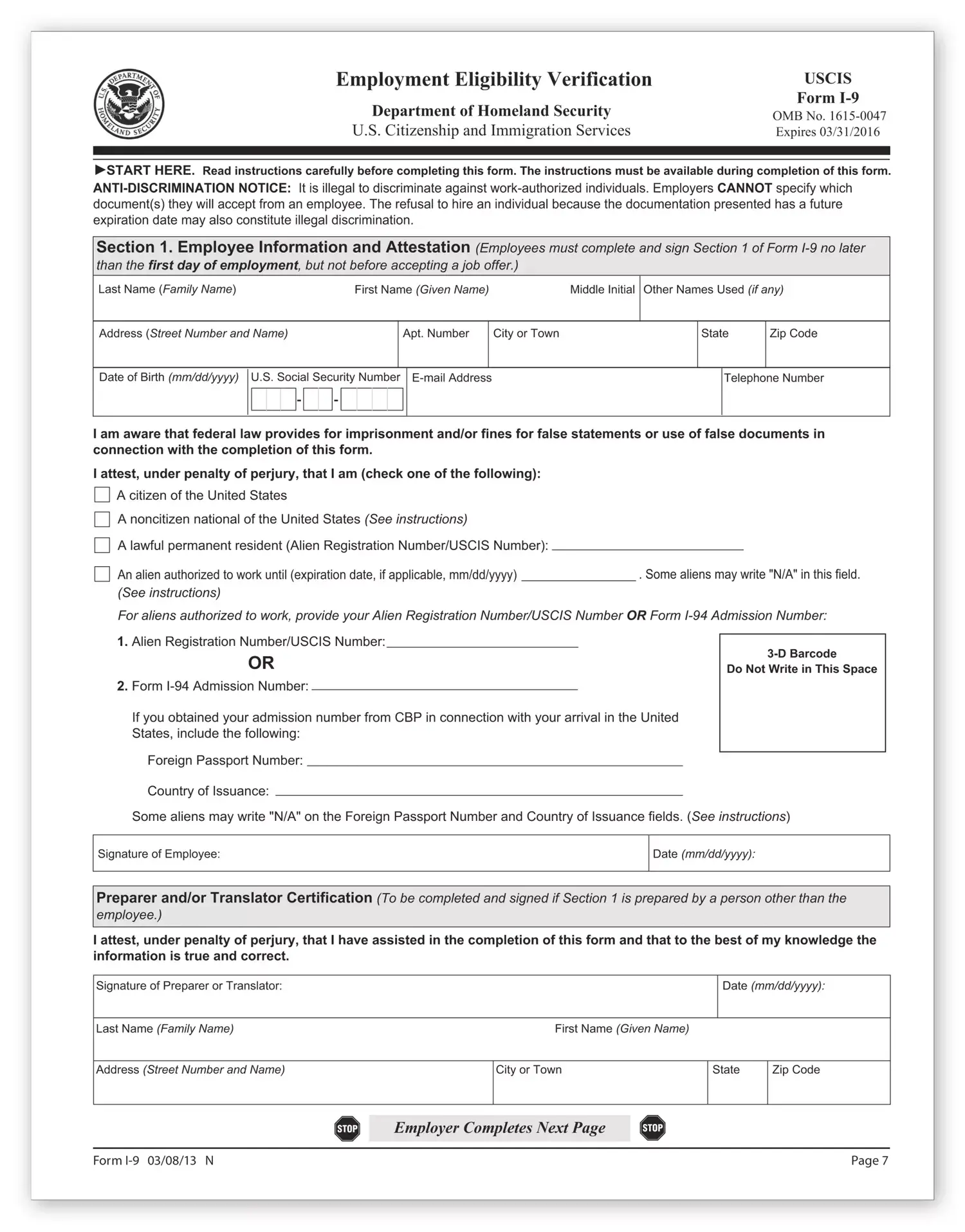 I-9 Tax Forms - Employment Eligibility Verifications
