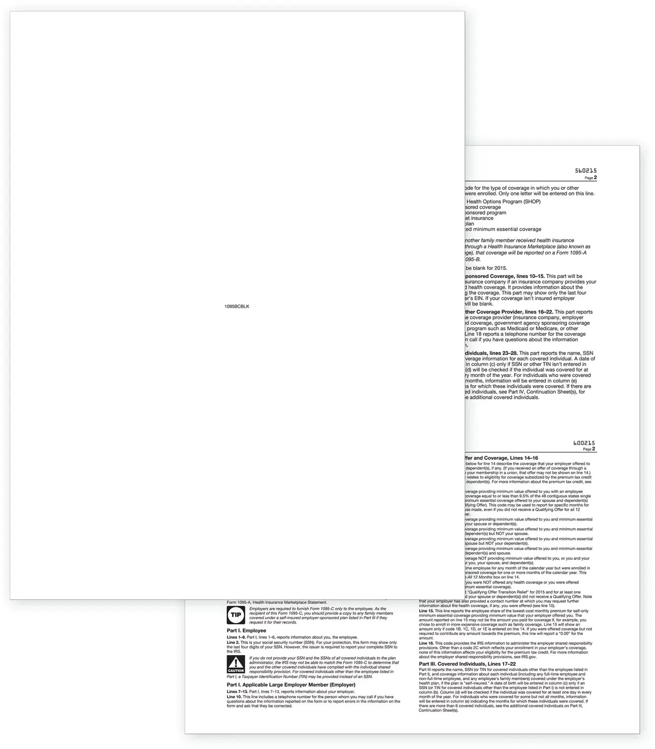 Laser Blank ACA Form 1095 w/Backer