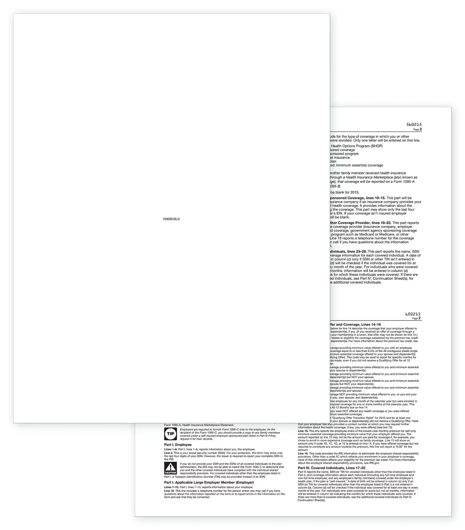 Laser Blank ACA 1095 Tax Form with Backer