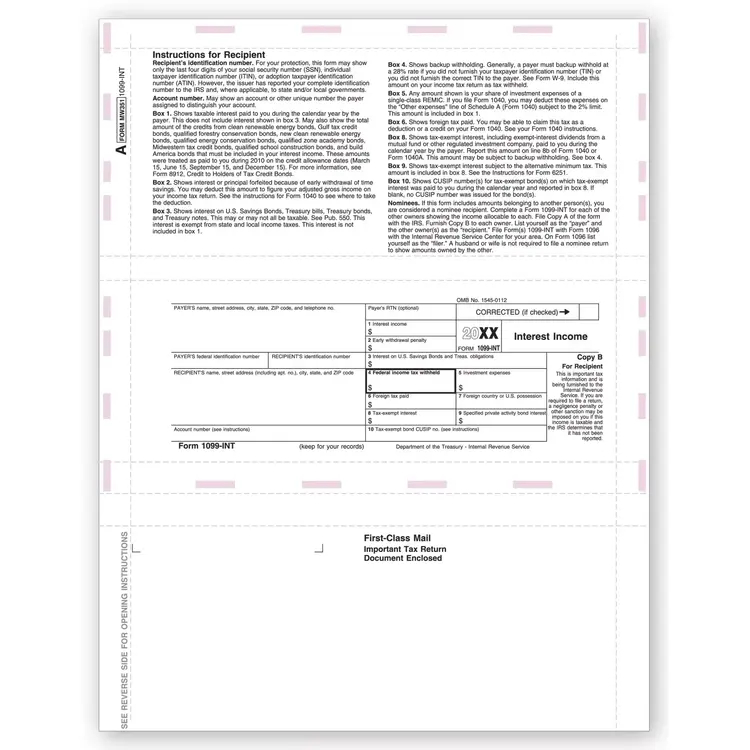 Laser 1099-INT Tax Forms - Recipient Copy B, Pressure Seal