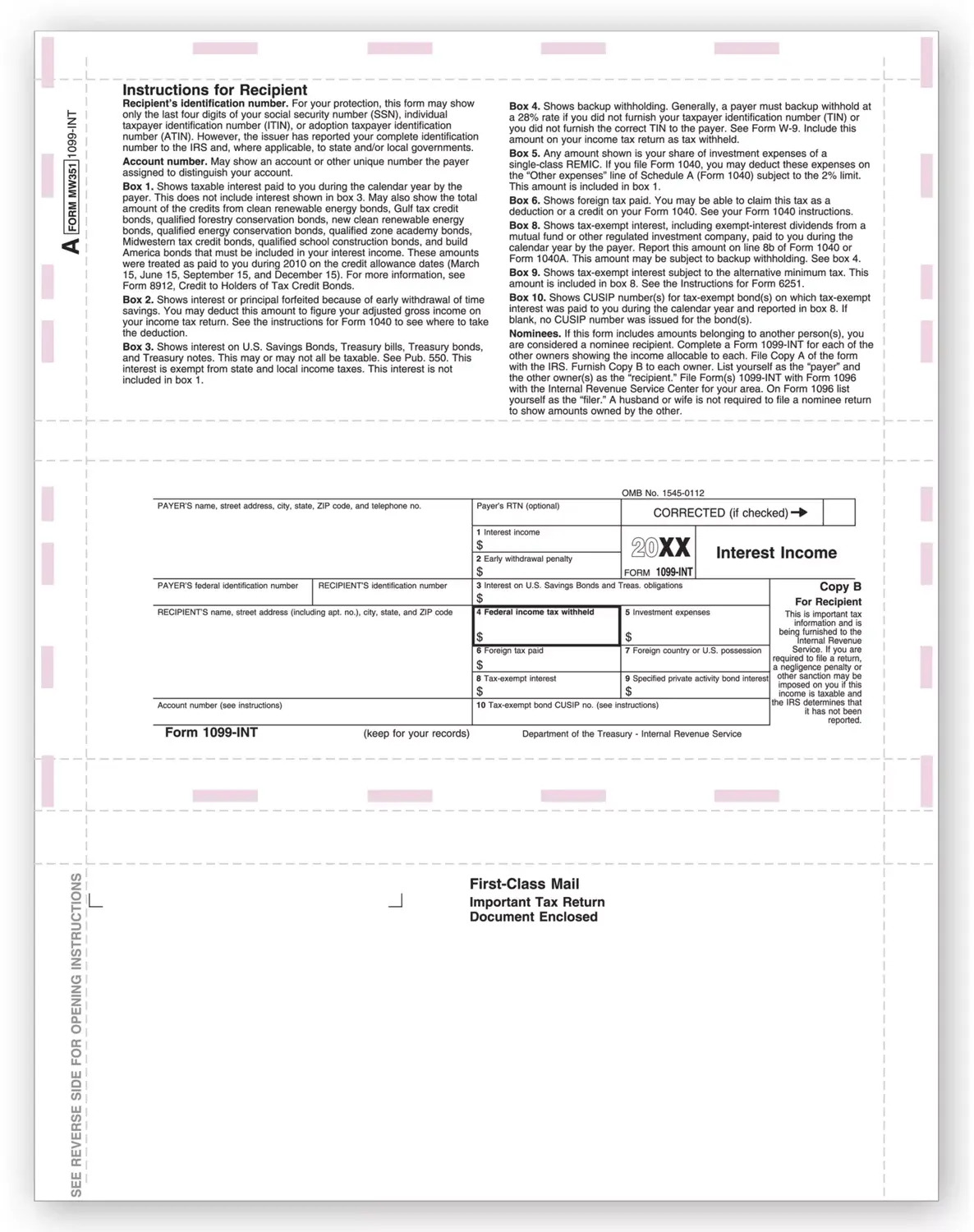 Laser 1099-INT Tax Forms - Recipient Copy B, Pressure Seal