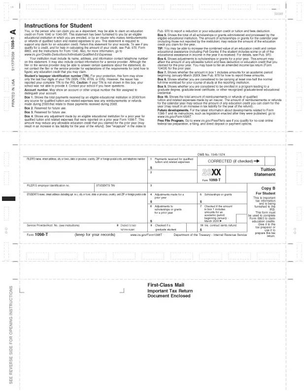 Laser 1098-T Tax Forms - Student Copy B, Pressure Seal