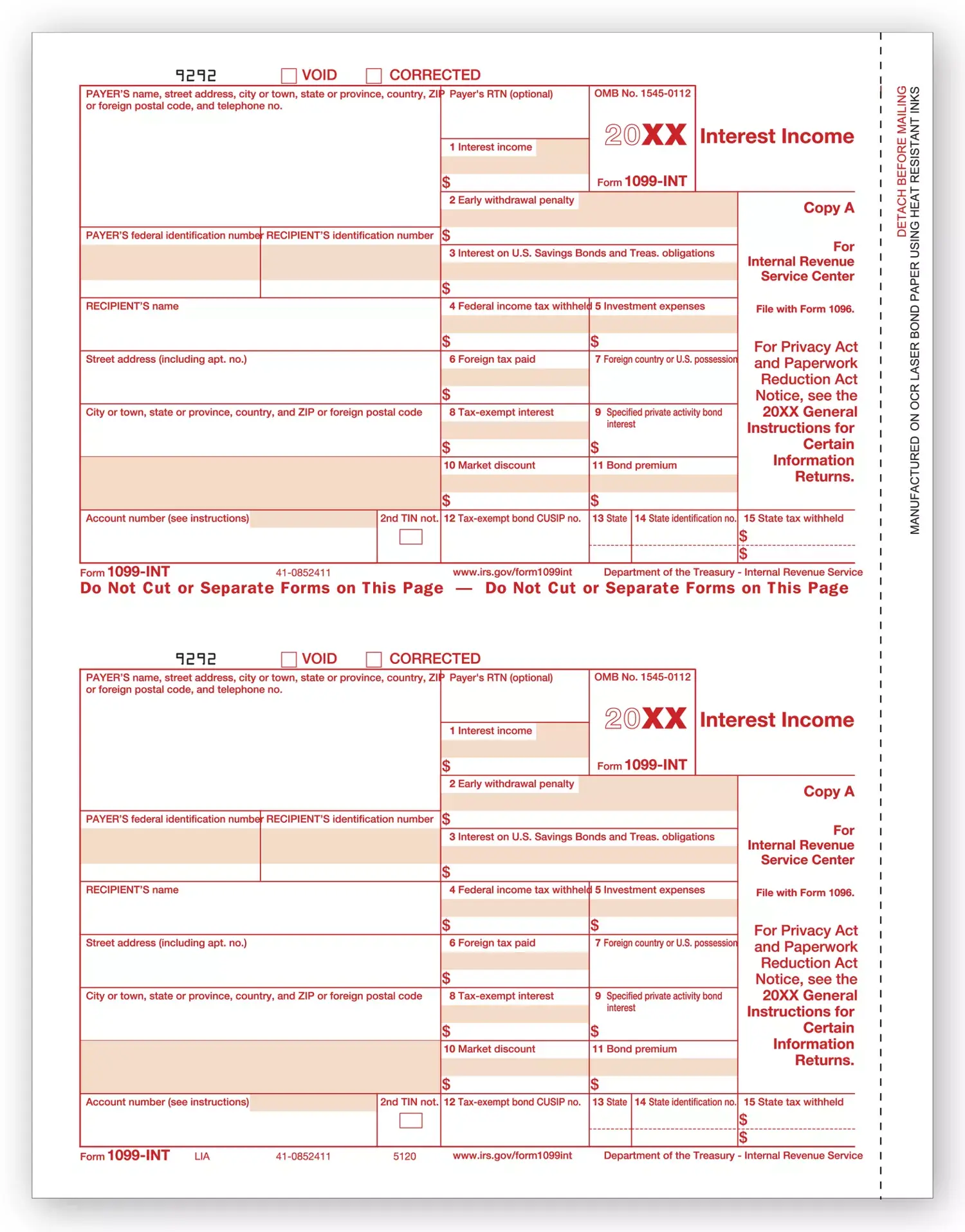 Laser 1099-INT Tax Forms - Federal Copy A