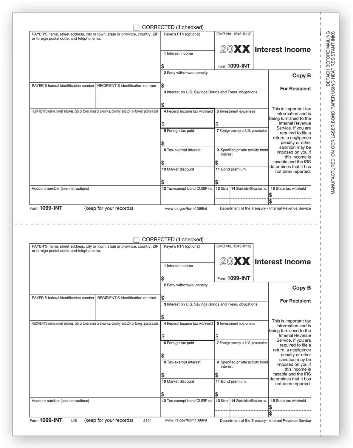 Laser 1099-INT Tax Forms - Recipient Copy B
