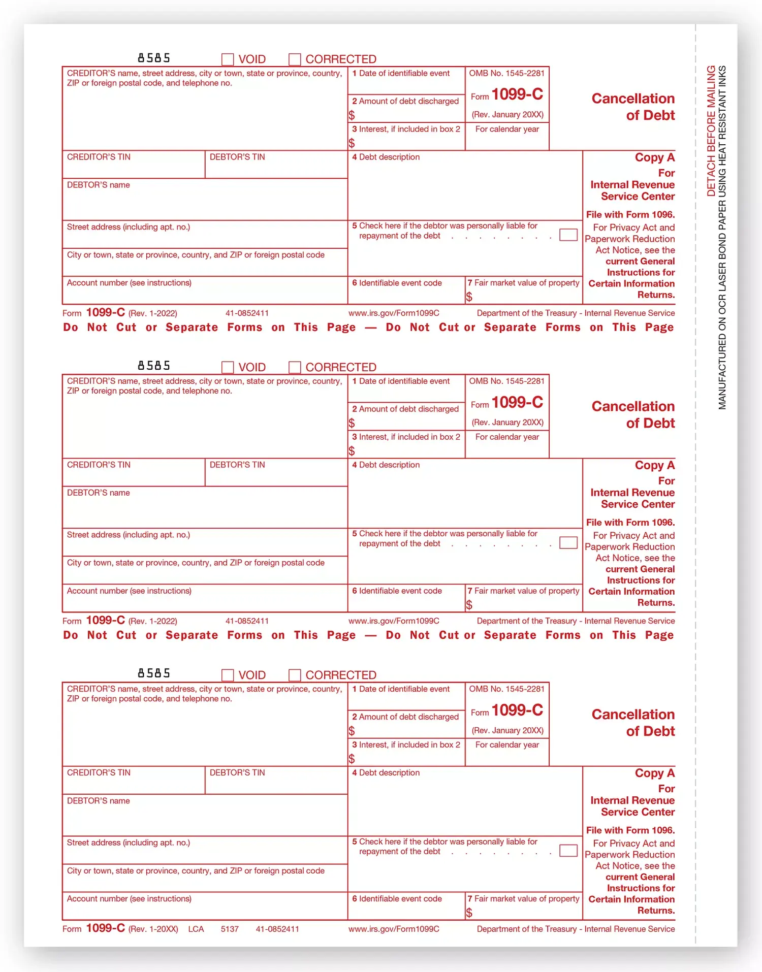 Laser 1099-C Tax Forms - Federal Copy A